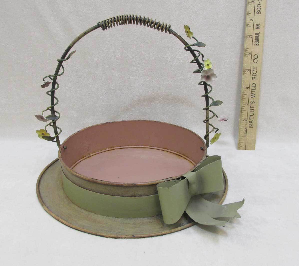 Primitive Style Metal Hat Shaped Basket Painted w/ Coil Wire Handle & Flowers