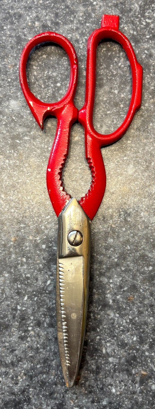 Vintage Red Handle Kitchen Utility Scissors Made In Japan 8" With Bottle Opener