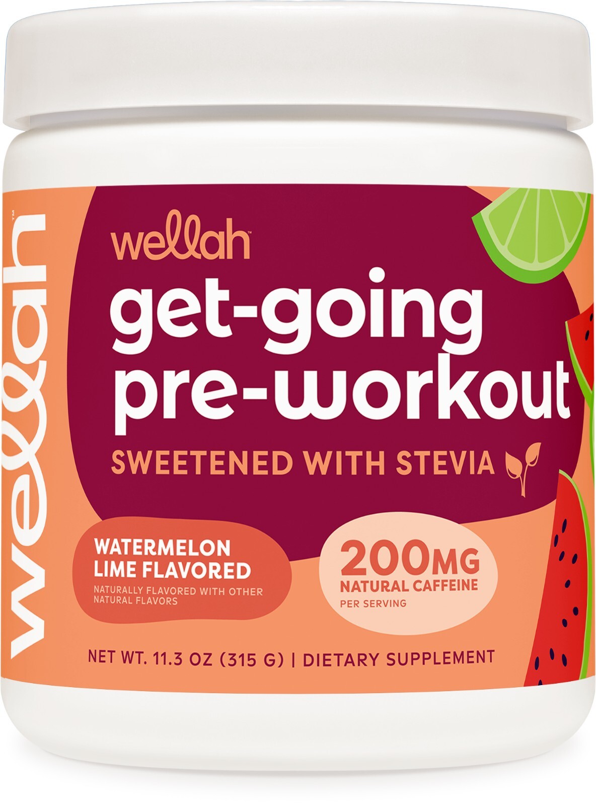 Wellah Pre-Workout Drink Mix (Watermelon Lime Flavored, 30 Servings)