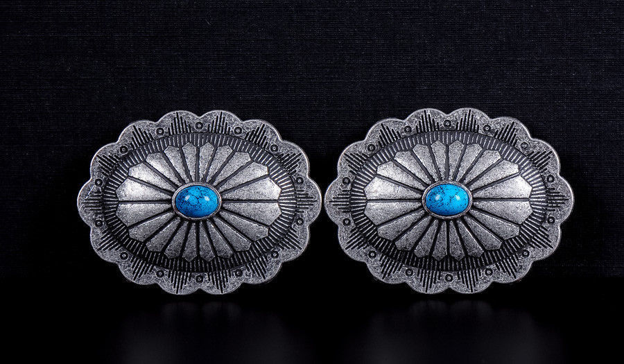10pc Southwest Oval Turquoise Vintage Silver Leathercraft Saddles Decor Conchos