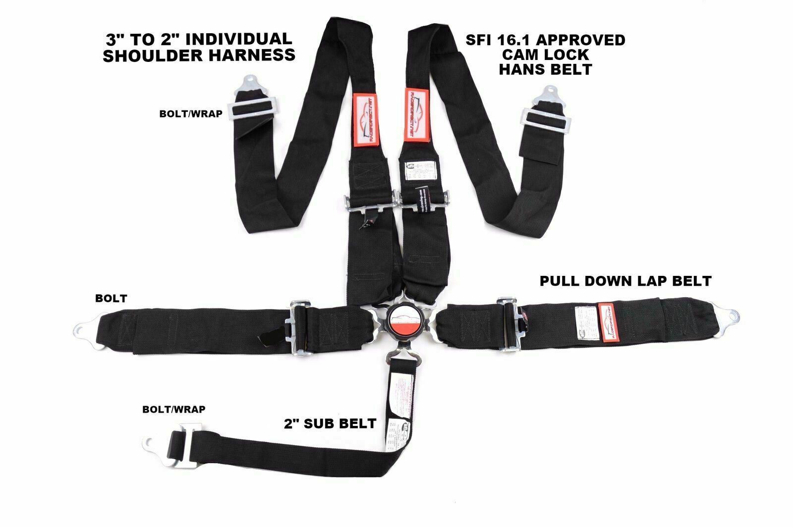 HANS CAM LOCK RACING HARNESS SFI 16.1 5 POINT FLOOR MOUNT BELT HARNESS BLACK