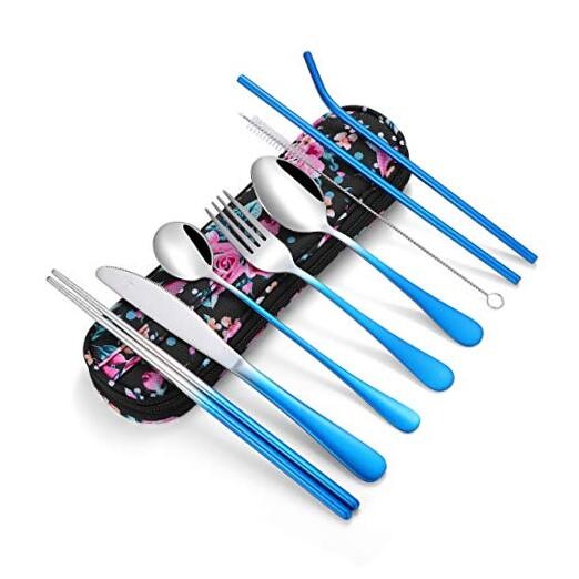 Travel Utensils,Reusable Silverware Set To Go Portable Gradient Blue + TeaSpoon
