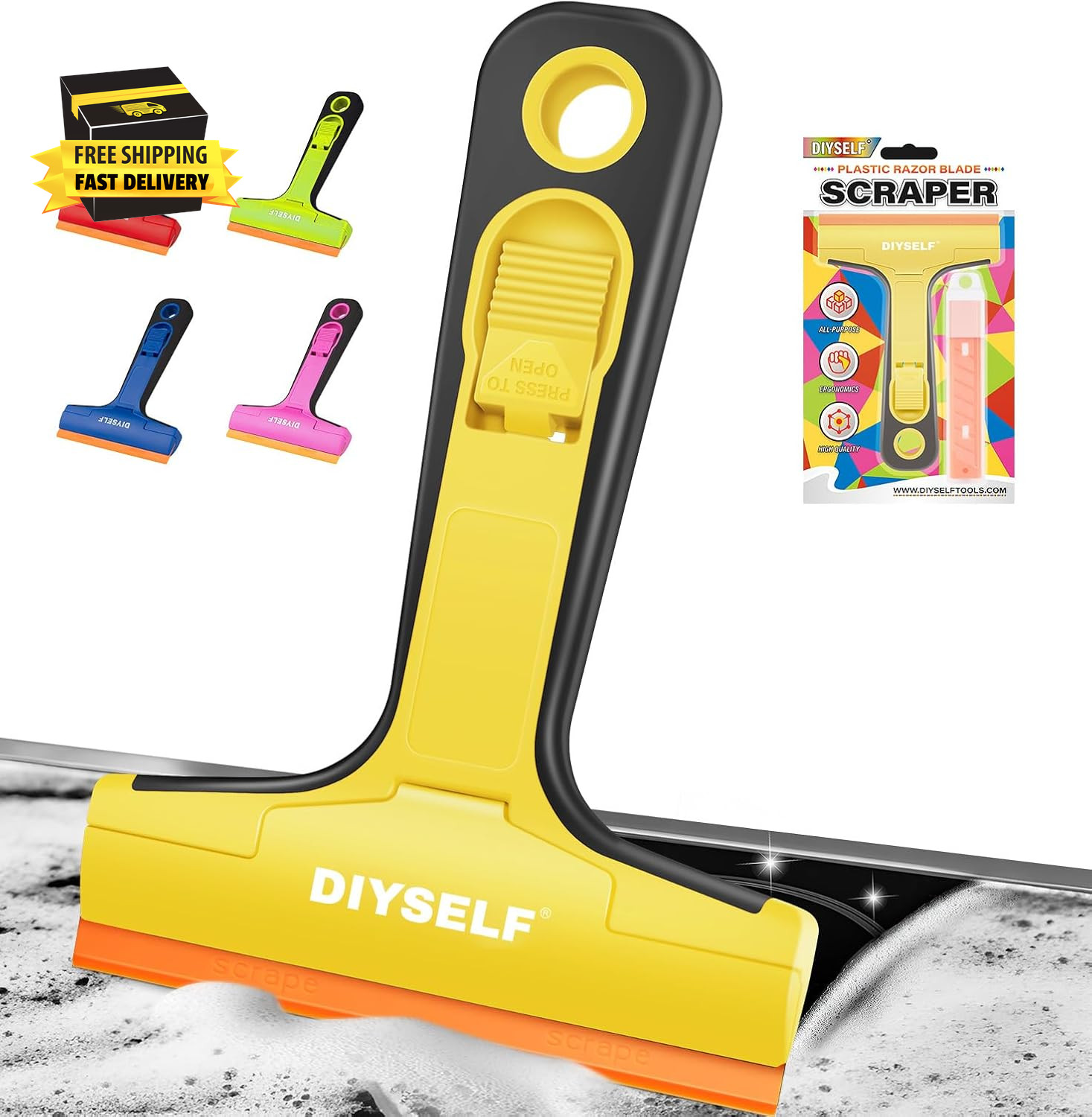 Plastic Razor Blade Scraper, 1 Pack Plastic Scraper Tool with 5 Pcs 4-Inch Plast