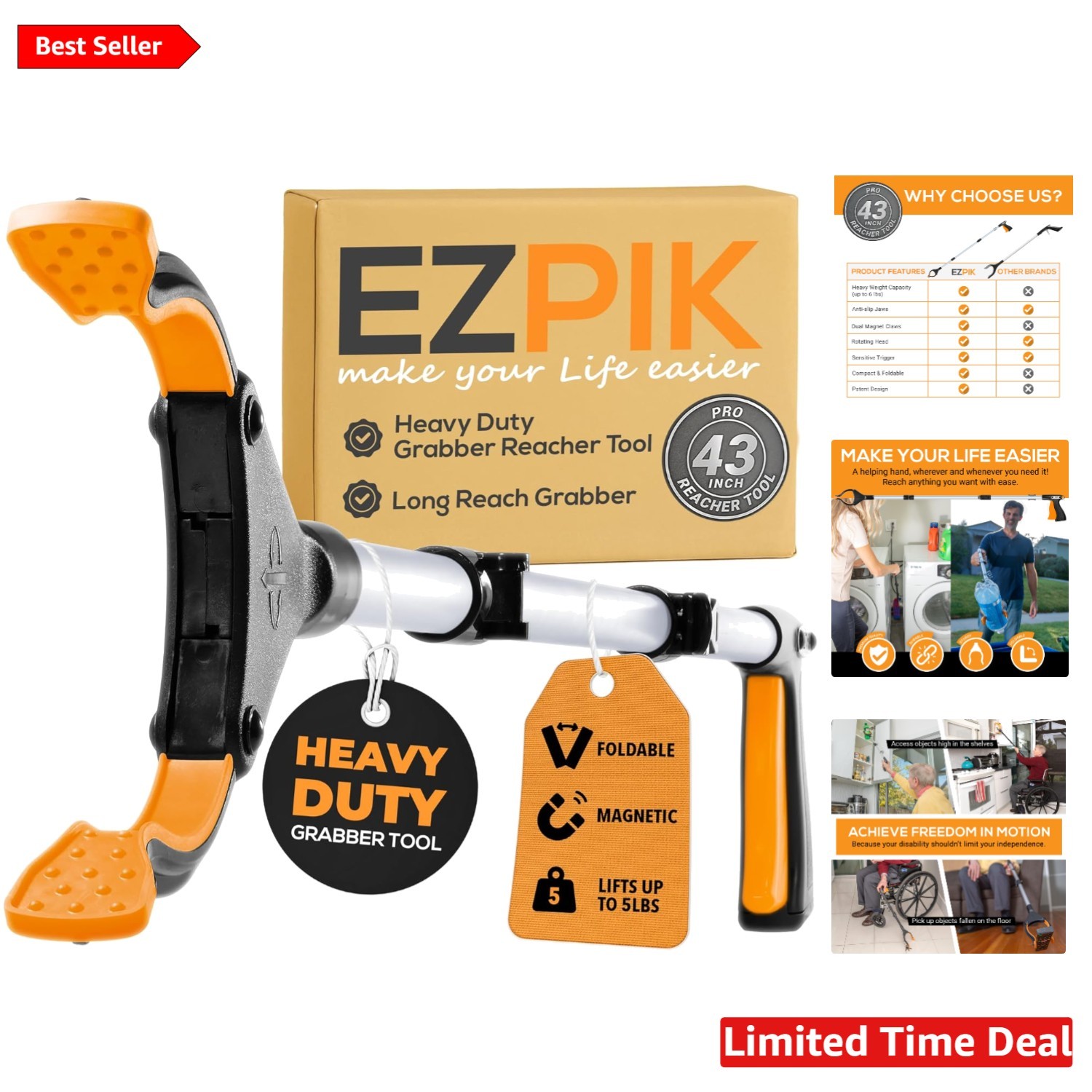 Heavy-Duty 43-Inch Magnetic Grabber  Tool - Perfect for Seniors & Disabled