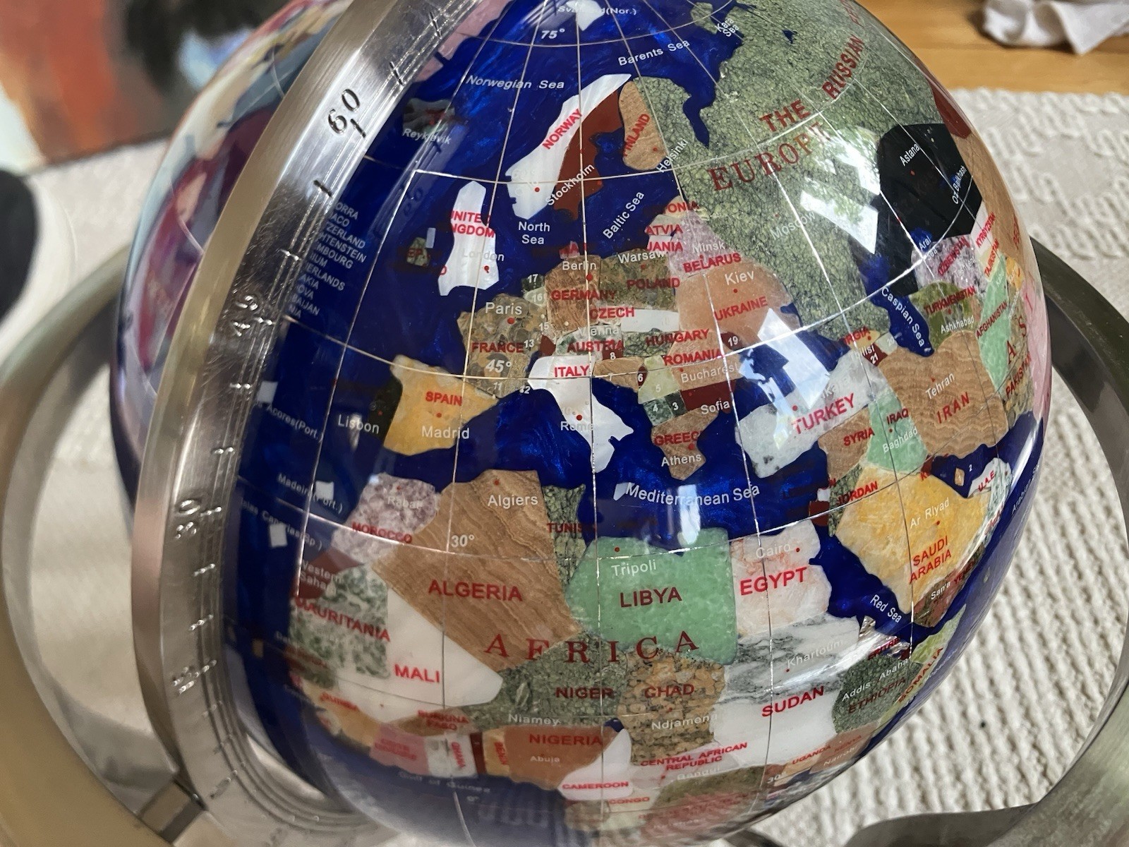 Blue Gemstone Tabletop World Globe w/ Rotating Silver Metal Base Compass
