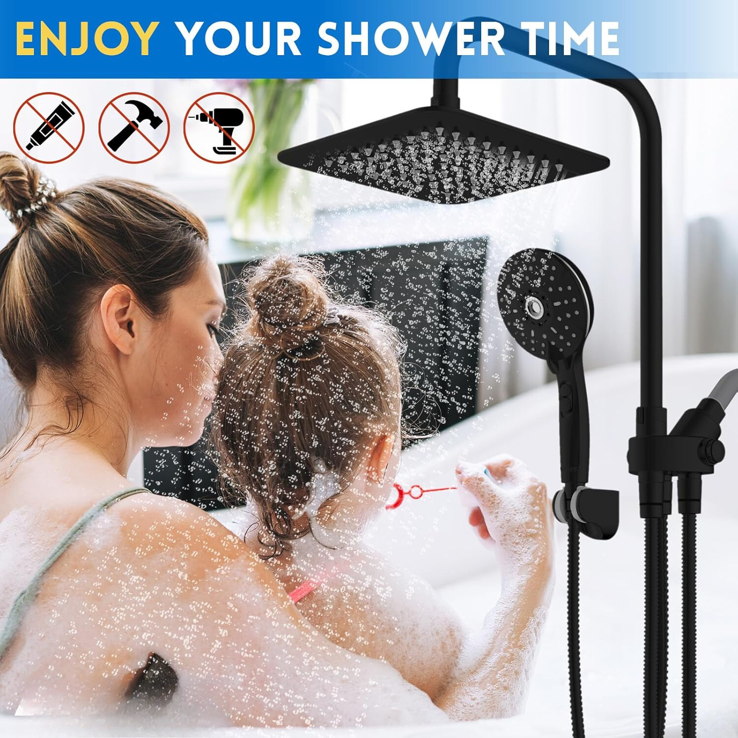 Dual Showerhead Combo, Black 8'' Rain Shower, 6 Adjustable Handholds