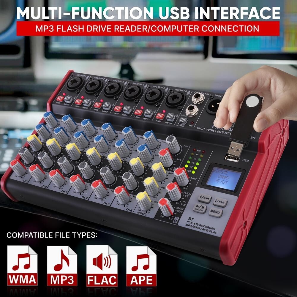 Pyle Professional 8-Channel Bluetooth Wireless DJ Mixer +48V PHANTOM POWER
