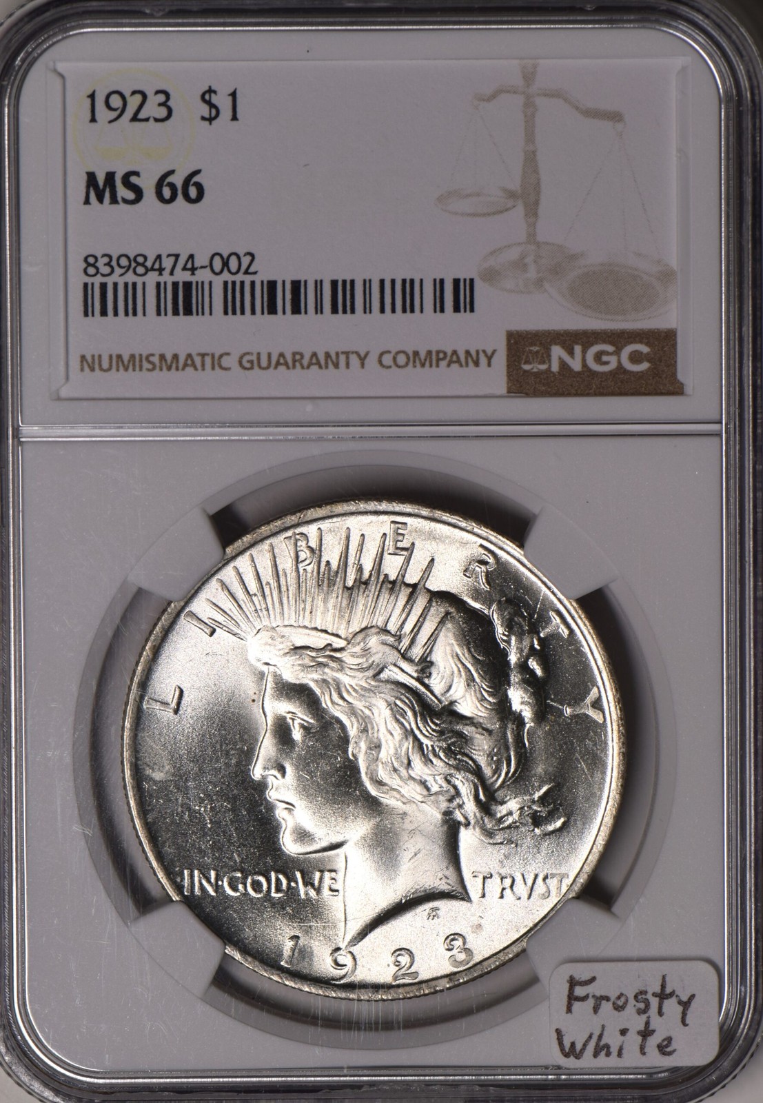 1923 Peace Dollar NGC MS-66; Frosty White