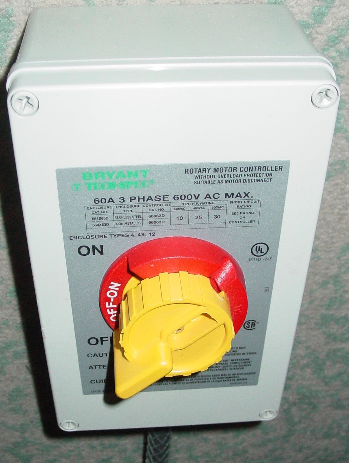 Enclosed 3 Phase 60A Rotary Switch Motor Controller Disconnect Bus Drop Assembly
