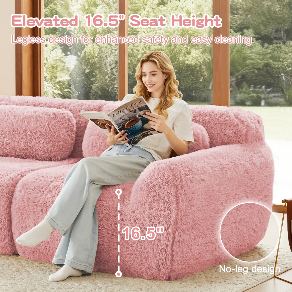 2-seater Sectional Couches Soft Fluffy Plush Fabric Bottom Anti-Slip Design Pink