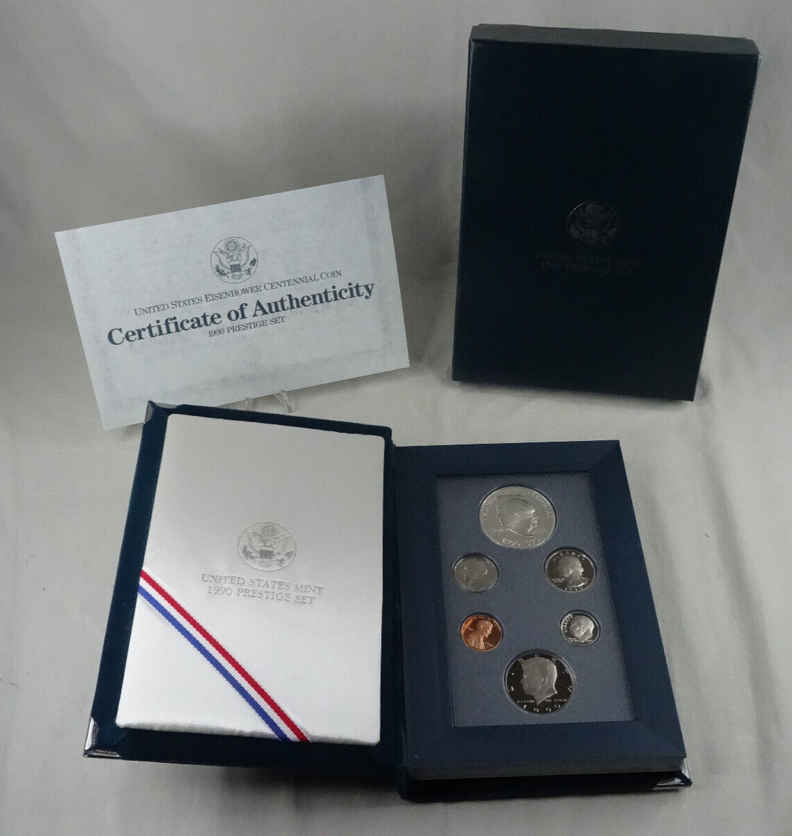 1990-S US Mint Prestige Proof Set Eisenhower Silver Dollar Box & COA 6 Coins