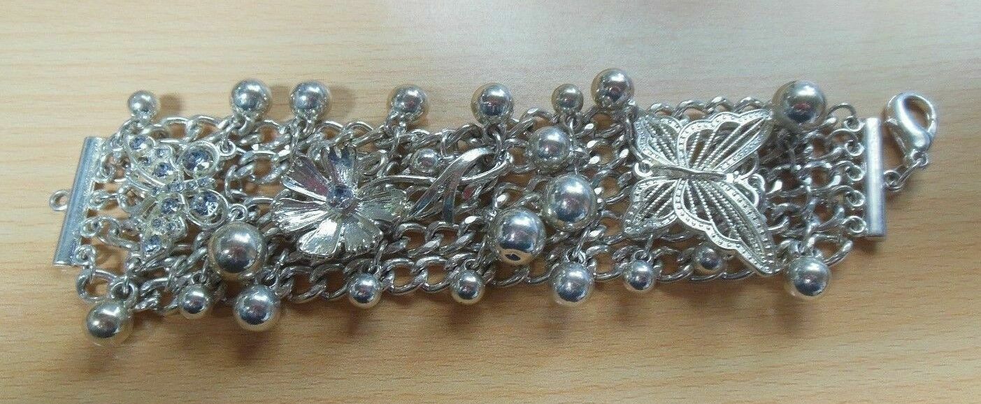 Silver-tone Dangle Ball/Bead Cluster Butterfly Floral Rhinestone Chain Bracelet