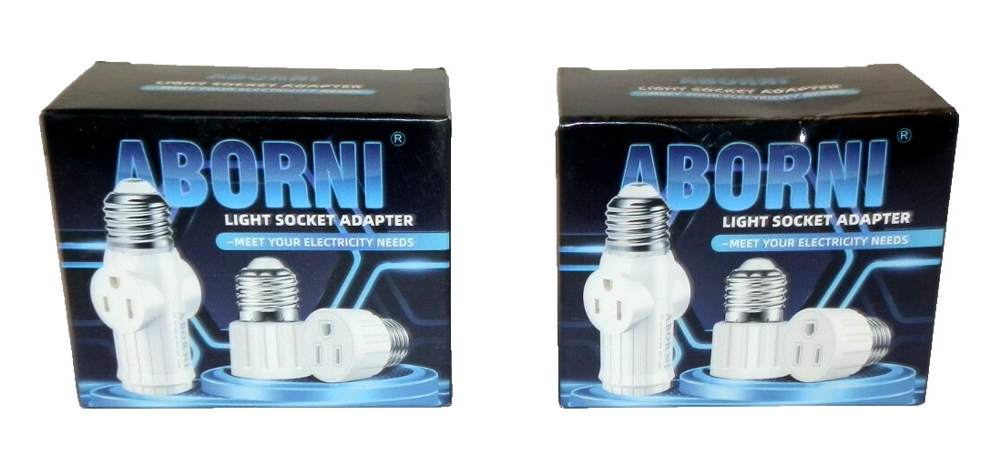 New Lot of 2  Aborni Light Socket Adapter, 2-pack E26/E27 3 Prong, (White)