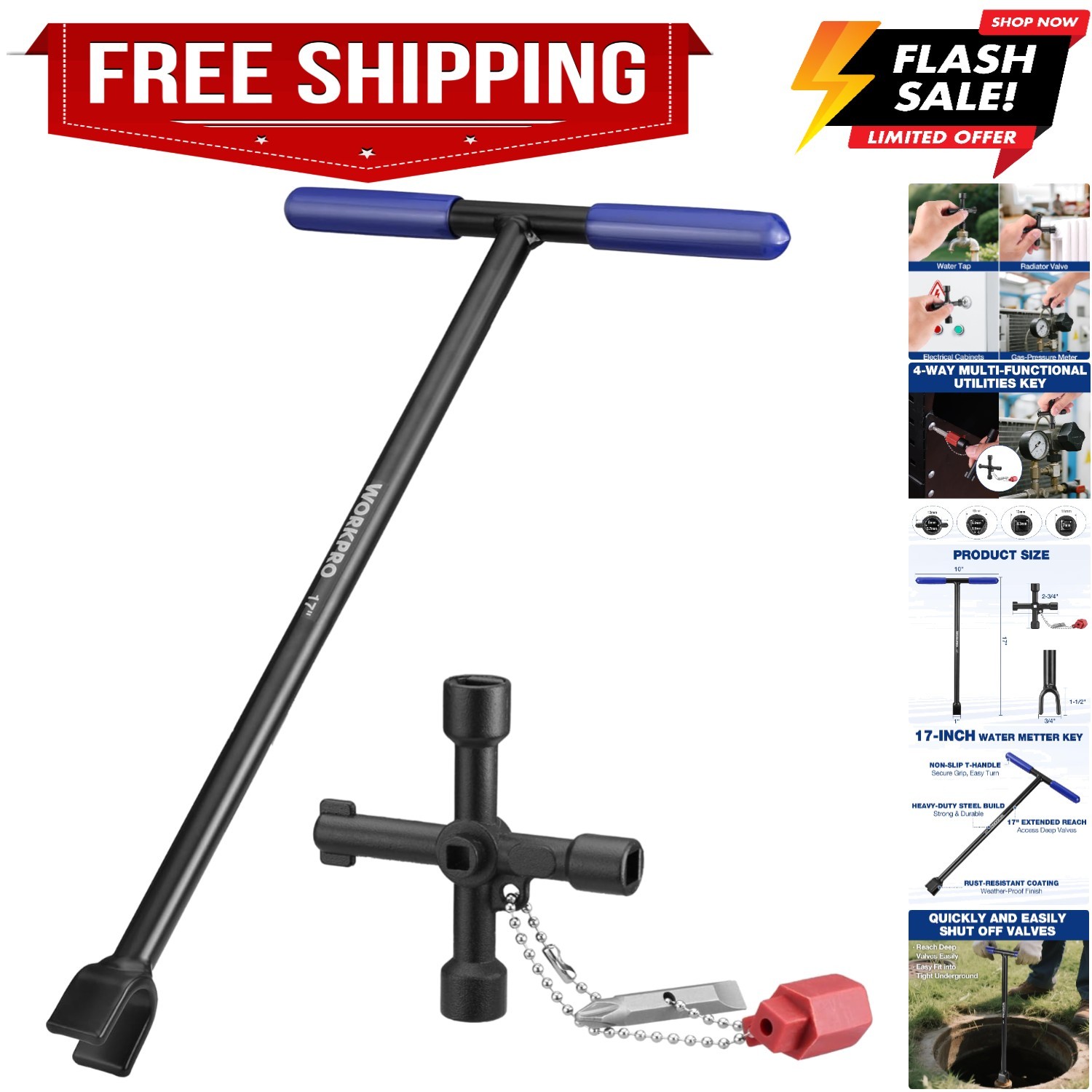 17" Water Meter Key with 4 Way Utility Key, Heavy Duty Steel Water Shut Off C...