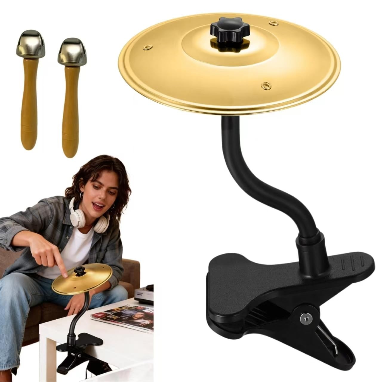 Clip-On Desktop Cymbal – Gold-Tone Desktop Percussion Gadget for Instant Stre...