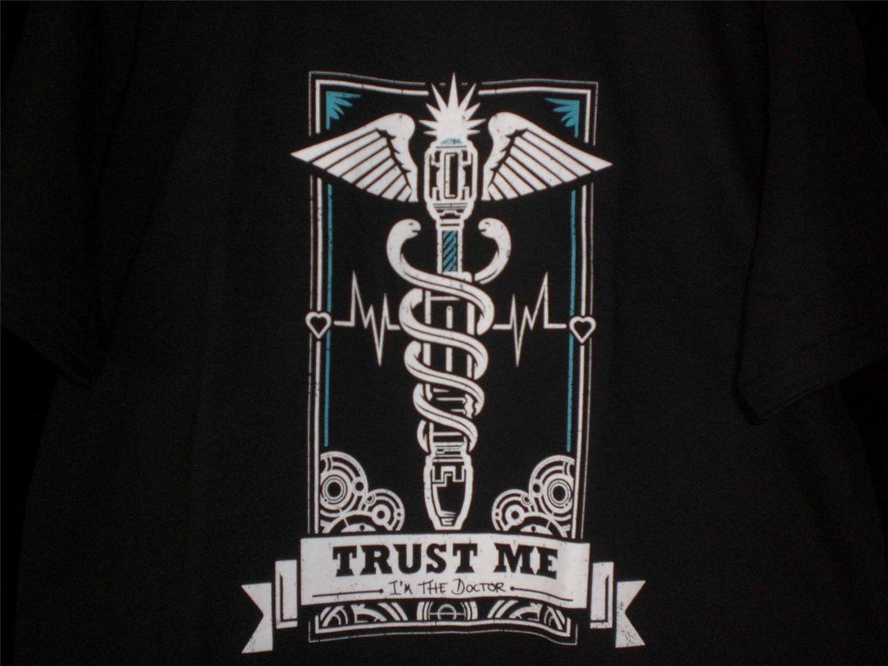 TeeFury Doctor Who LARGE "The Doctor Is In" Medical Seal Mash Up Shirt BLACK