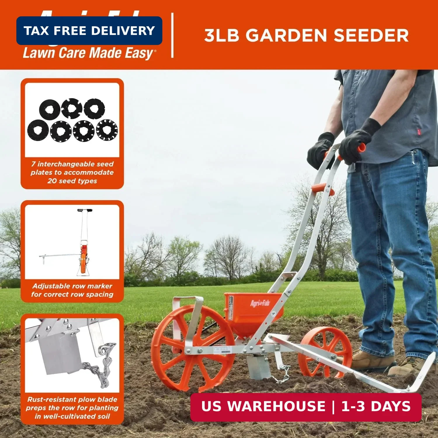 Agri-Fab Push Garden Seeder Planter with 7 Interchangeable Seed Plates, 3 lb Cap