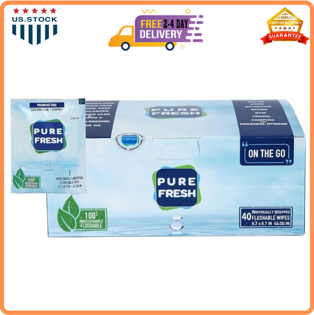 PureFresh Wipes Flushable individually wrapped wipes for travel. 40 on-the-go...