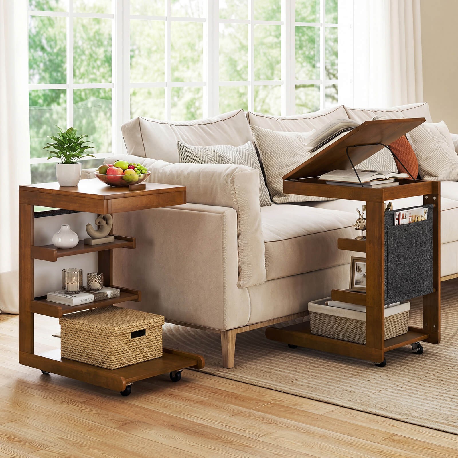 2PCS C-shaped End Table w/Wheels Adjustable Desktop Edge Stopper Storage Pocket