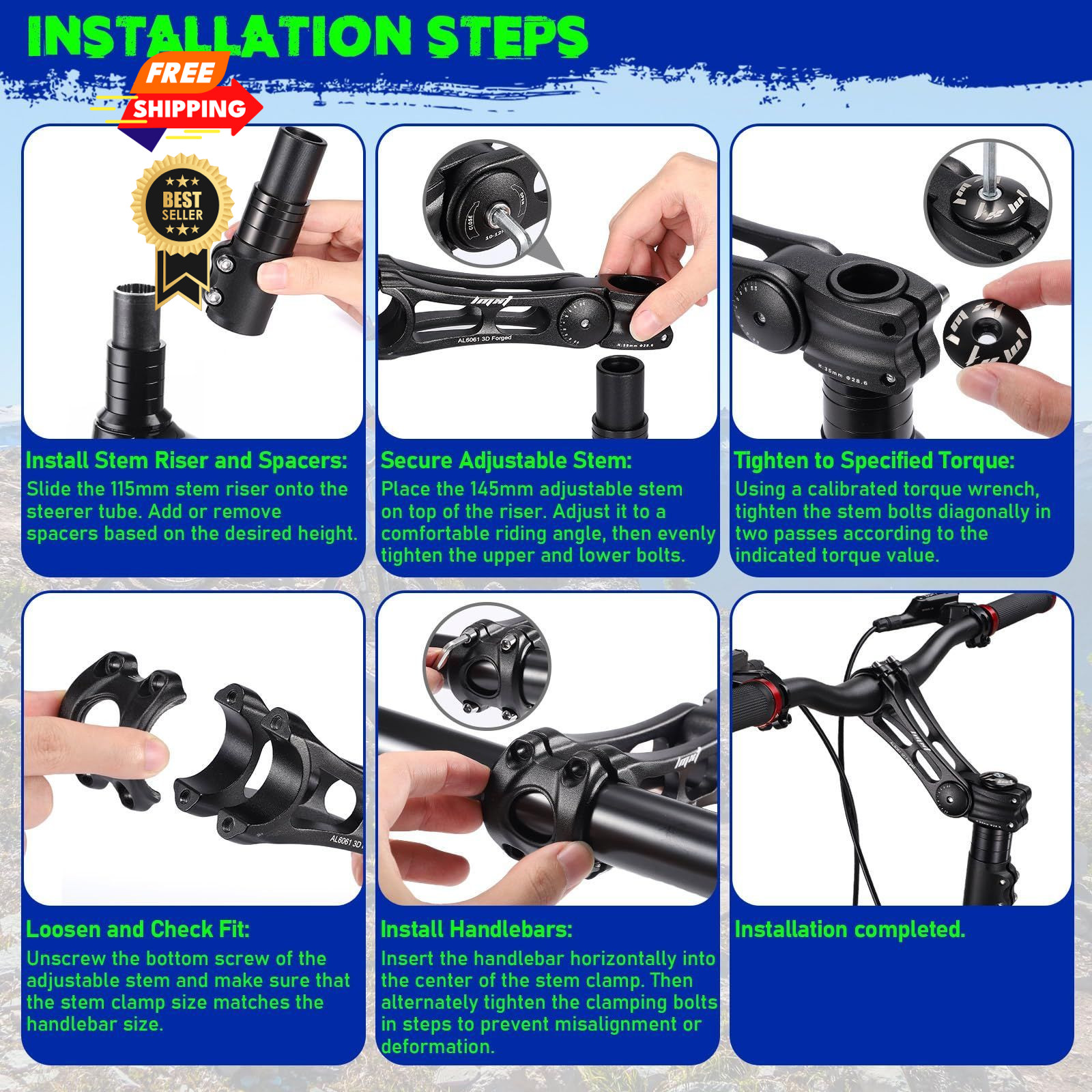 Bike Stem Riser & Adjustable Set, 31.8mm Handlebar Angle Medium, black