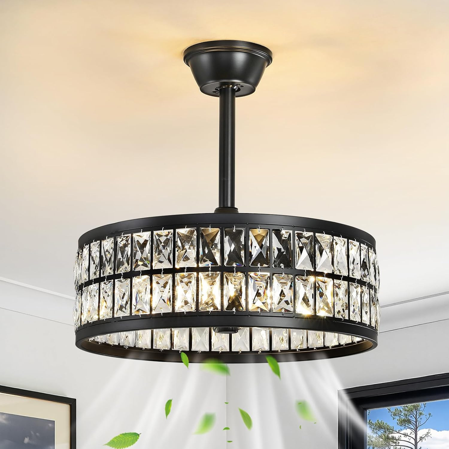 Crystal Caged Ceiling Fan Light: 18.9" Semi Flush Mount Fandelier Ceiling Fan Li