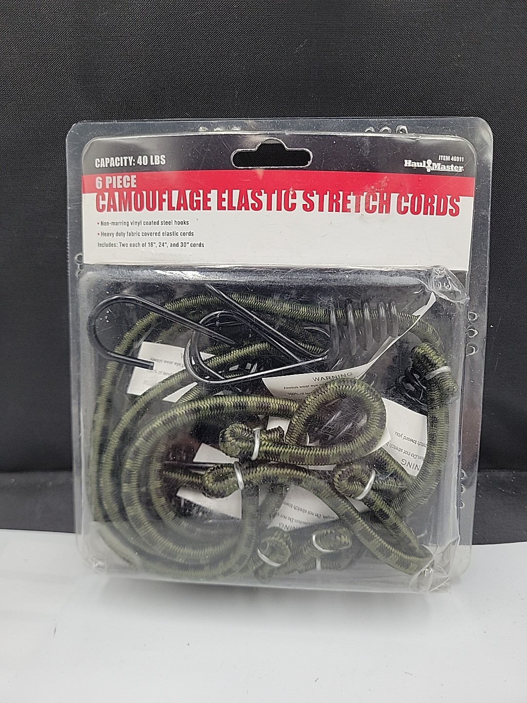 NEW 6 PIECE CAMOUFLAGE HEAVY DUTY BUNGY CORDS 40LB CAPACITY.