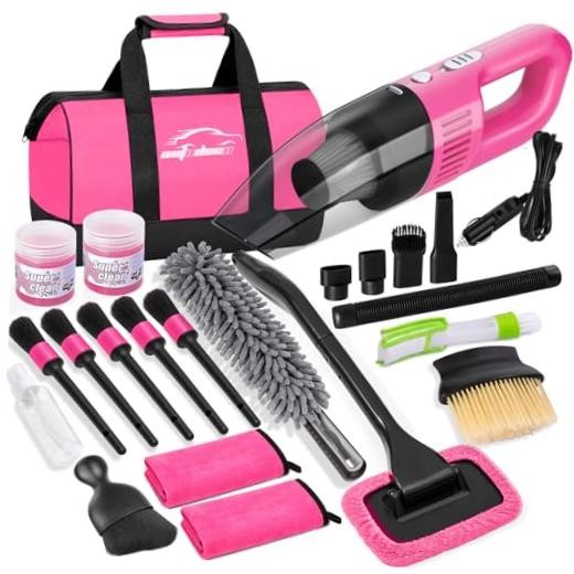 Car Cleaning Kit, Car Vacuum Interior Detailing Cleaner Kit with High Pink