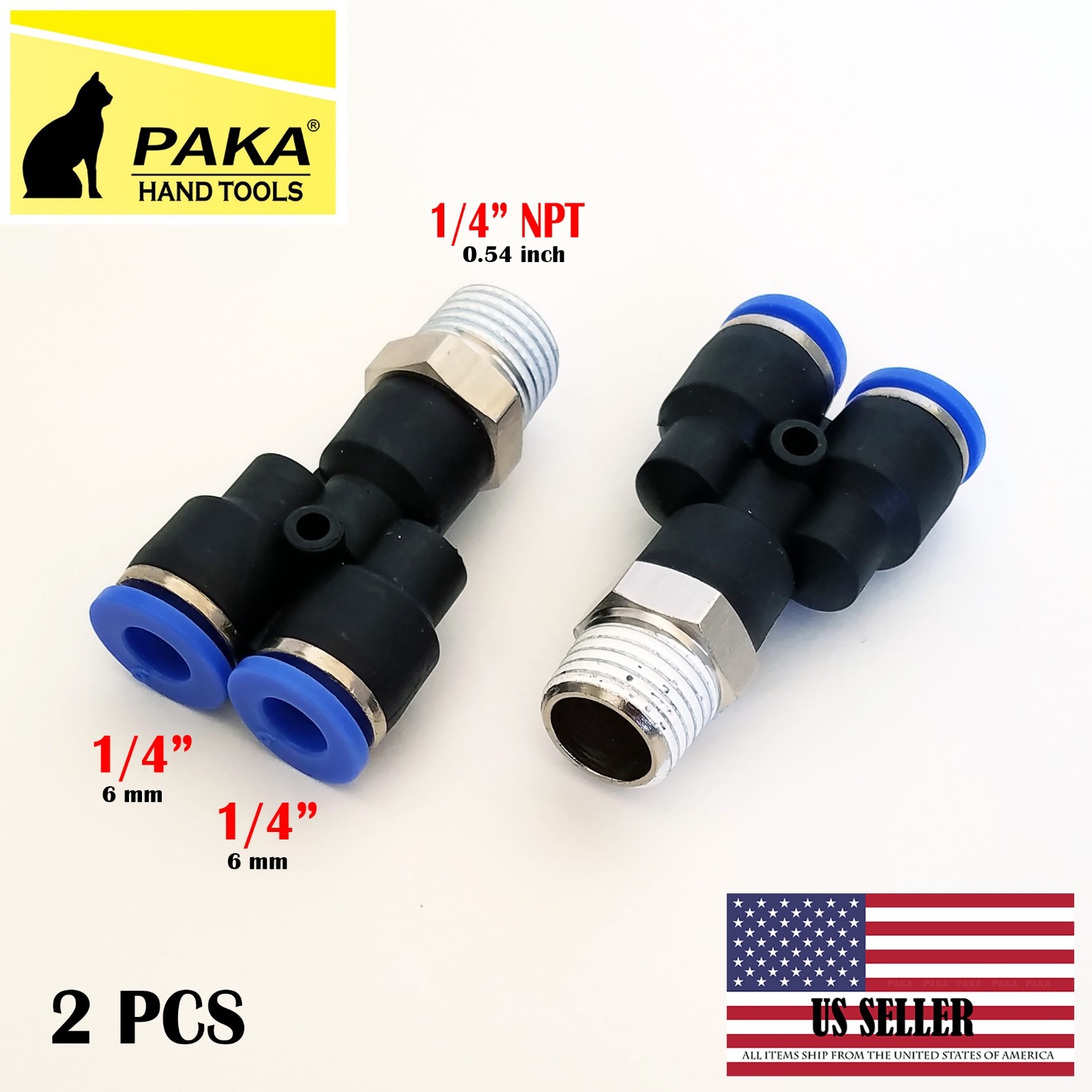 2 x Pneumatic Y Splitter 1/4" NPT to 1/4" Hose OD Air Push Quick Connect Fitting