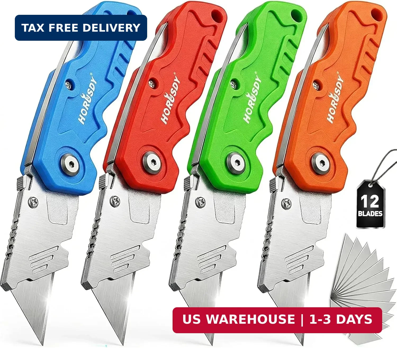 HORUSDY 4-Pack Folding Utility Knife Set, Heavy-Duty Box Cutters with 12 Extra B