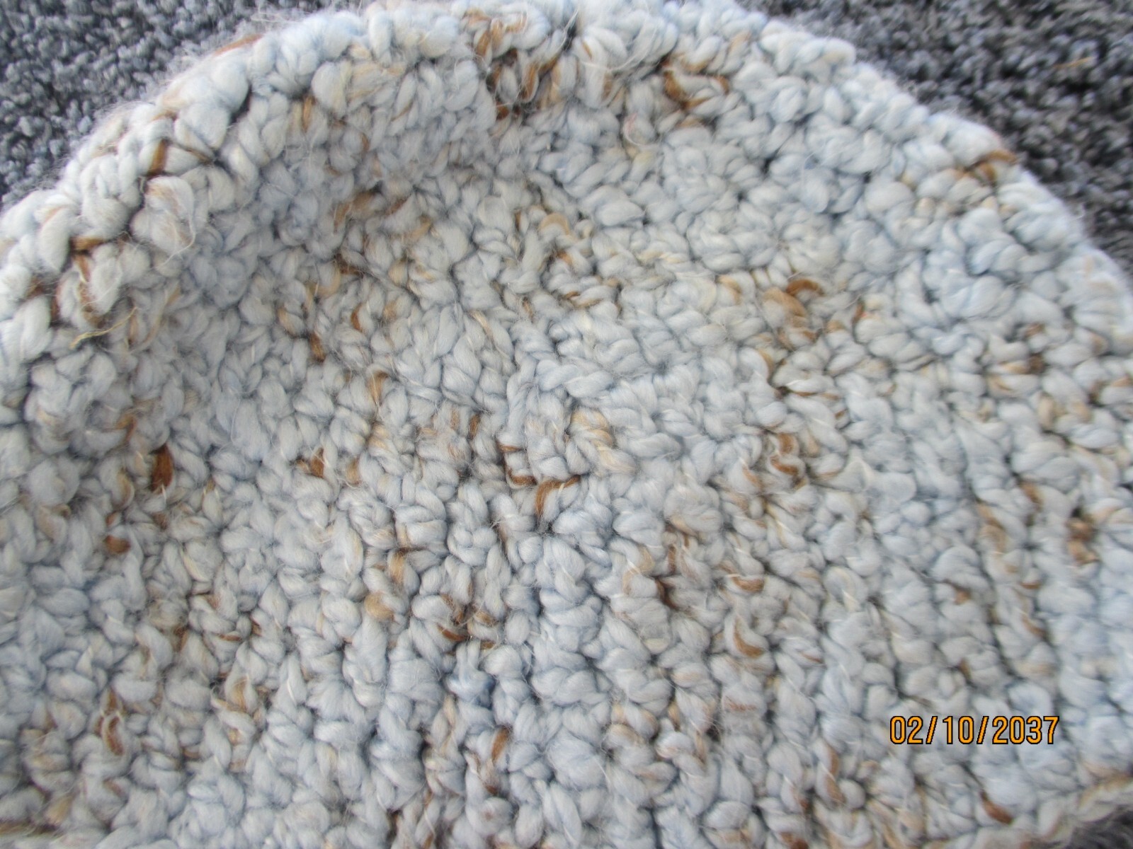 Ladies' Hand Crocheted Beanie Medium BLUE w/ BROWN Flecks 100% Acrylic  Adult Sz