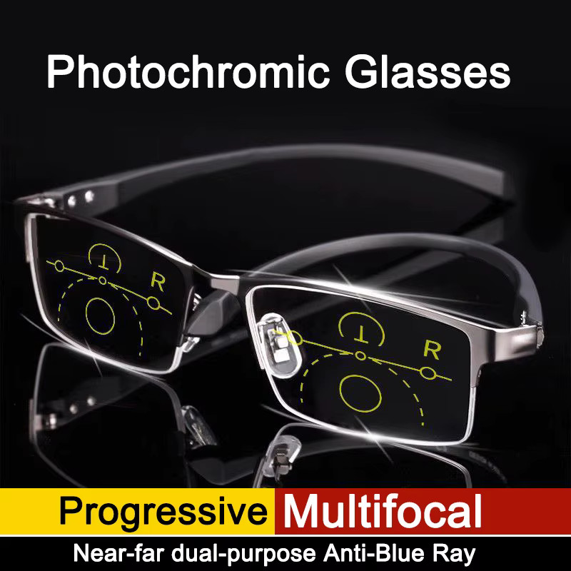 Titanium Transition Photochromic Progressive Reading Glasses Men Hyperopia Presb