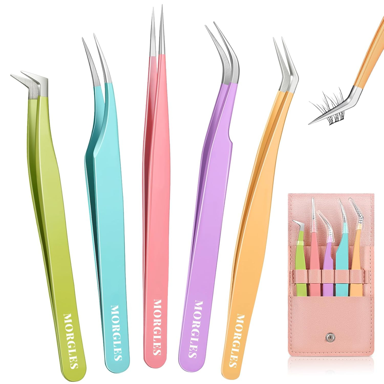 MORGLES 5pcs Eyelash Extension Tweezers High Precision, Straight and Curved Volu