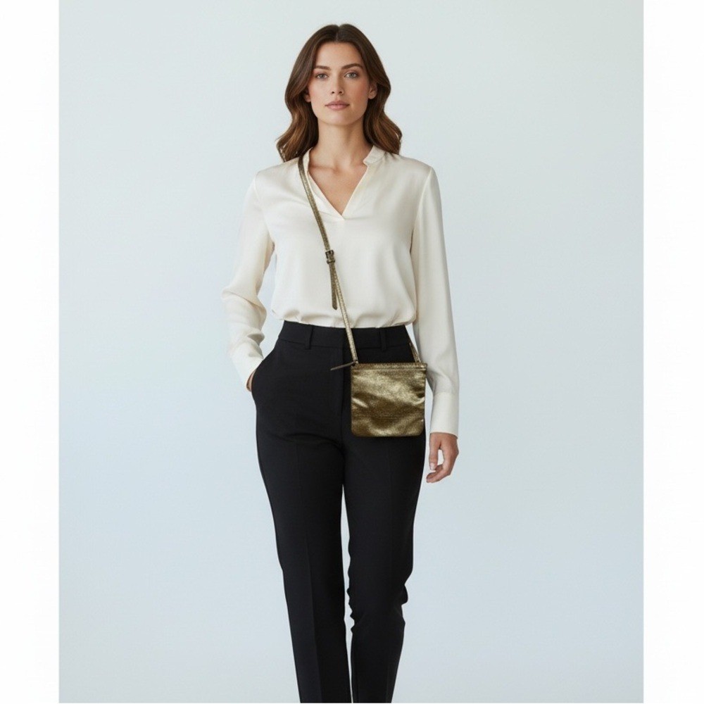 BANANA REPUBLIC - GOLD TONE CROSSBODY COMPACT BAG - 24" NON-ADJUSTABLE STRAP S2