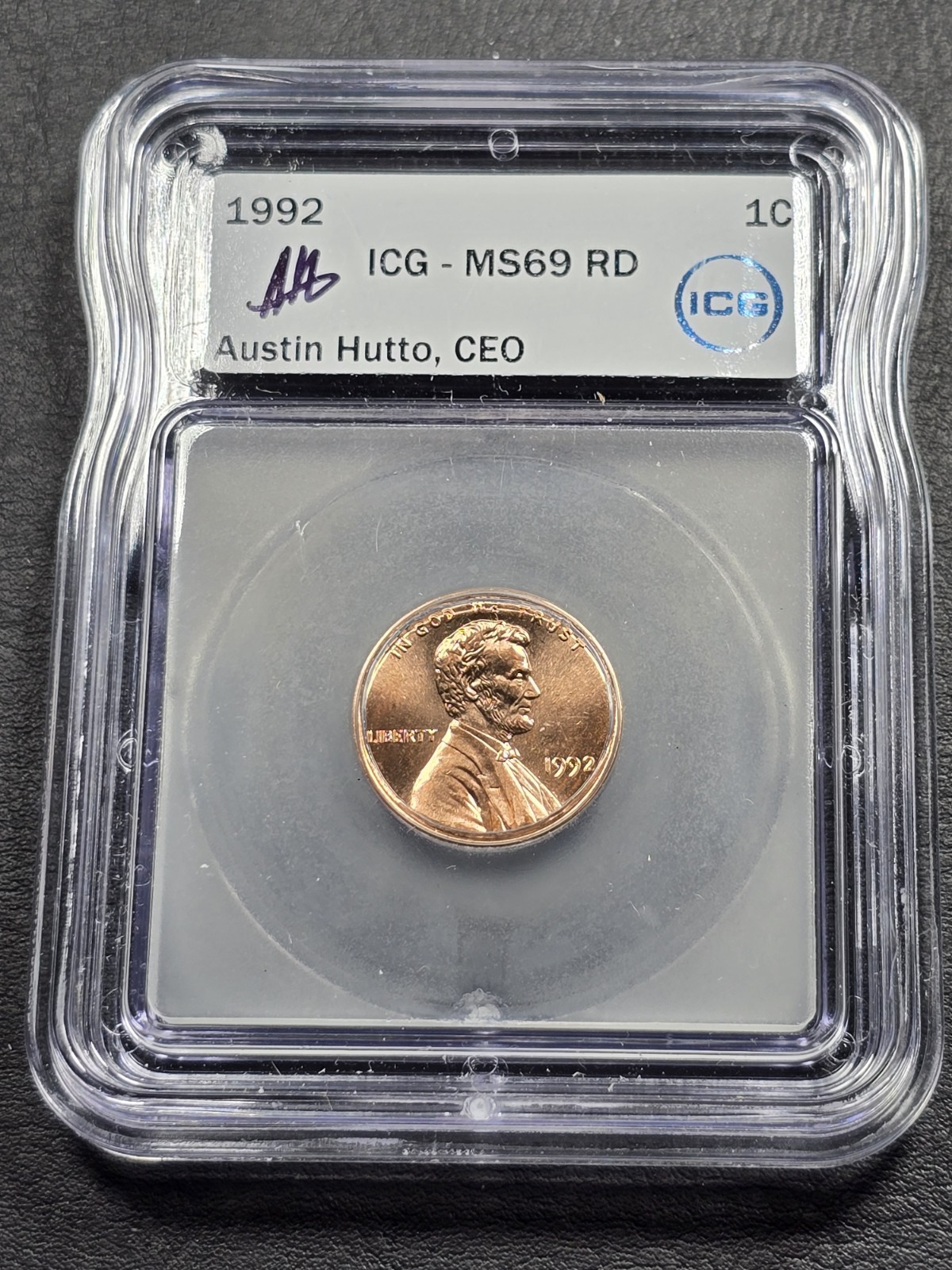 1992 MS 69 Lincoln Cent ICG Hutto Signed Free Shipping 1C Denver Penny
