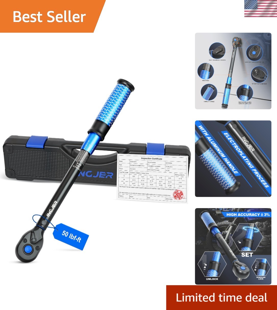 Professional Precision Torque Wrench 3/8" 5-50 Ft.Lb with Storage Case, Blue