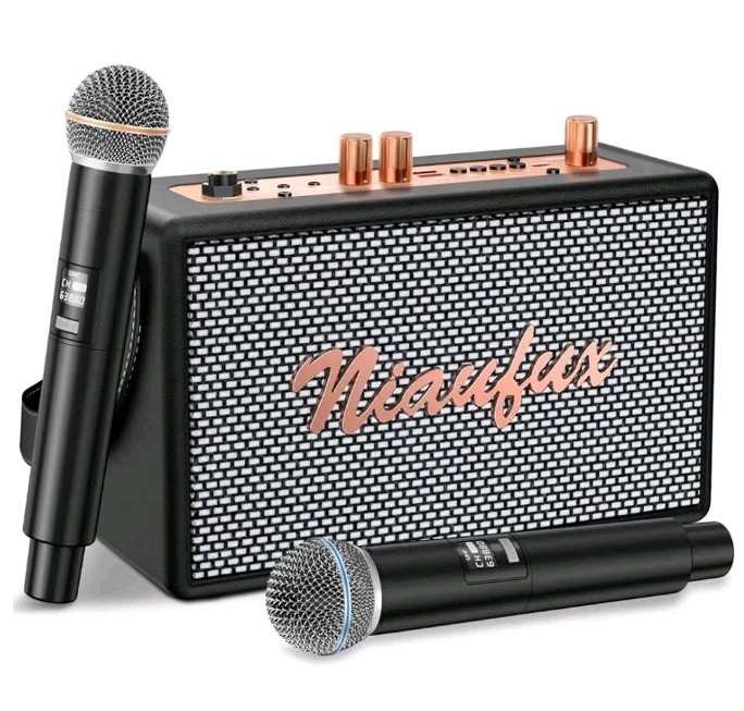 Karaoke Machine, Retro-Design Speaker with 2 Wireless Microphones, BT, AUX, USB