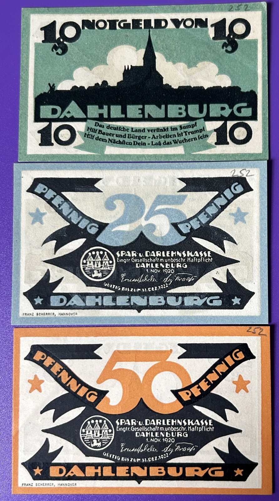 Germany.  Notgeld.  set of    10. 25. 50.  PF.   Dahlenburg  1920