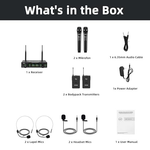 Lapel Wireless Microphone System with Headset & Lavalier Mics, 4 Channel UHF