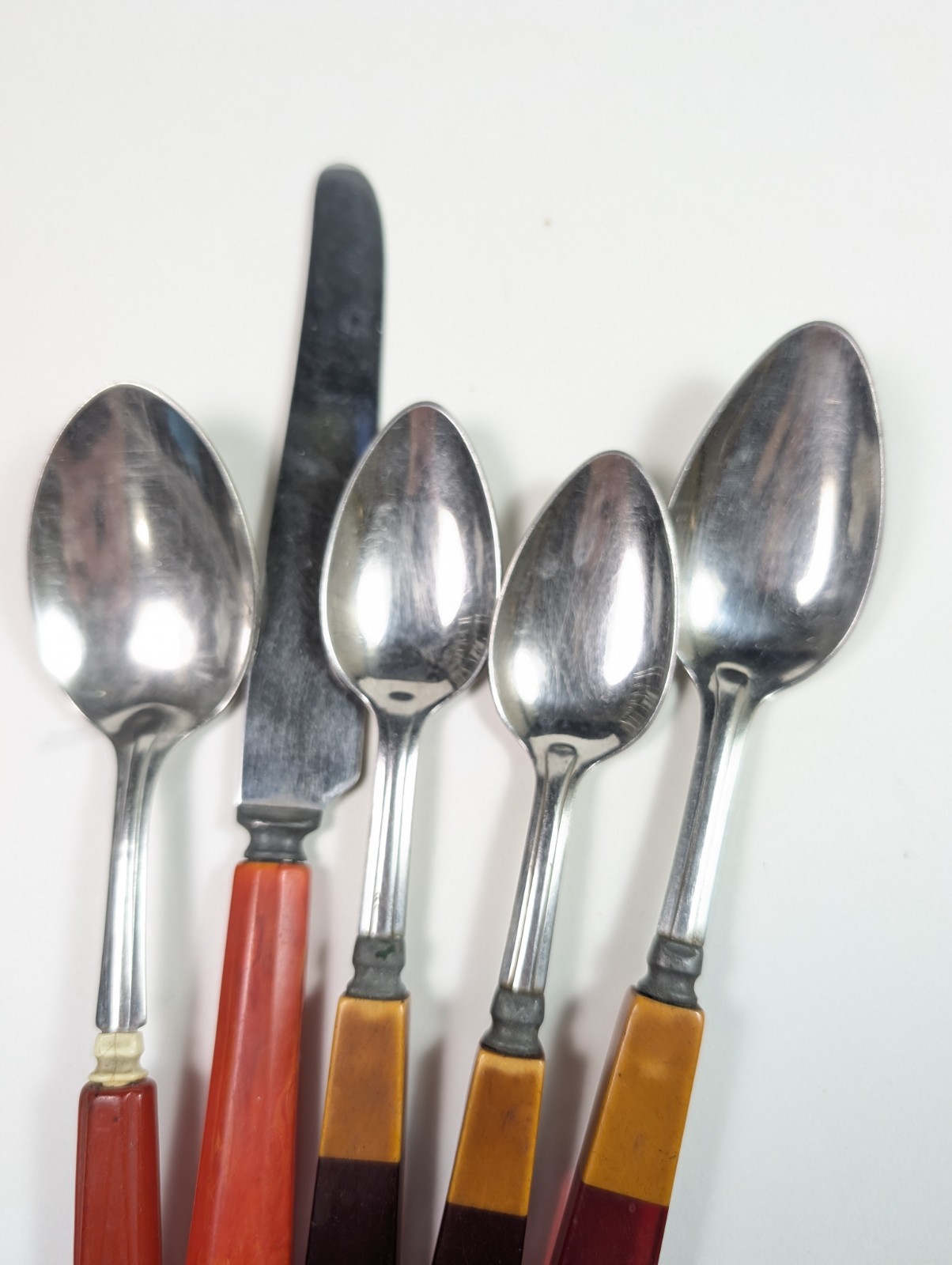 Red Bakelite Flatware Set Two Tone Cherry Red Amber 5 Piece Spoon Knife