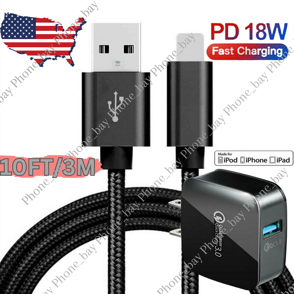 18W QC3.0 Quick USB Fast Charger 10Ft Wall Charger Cable For iPhone 14 13 12 8 7