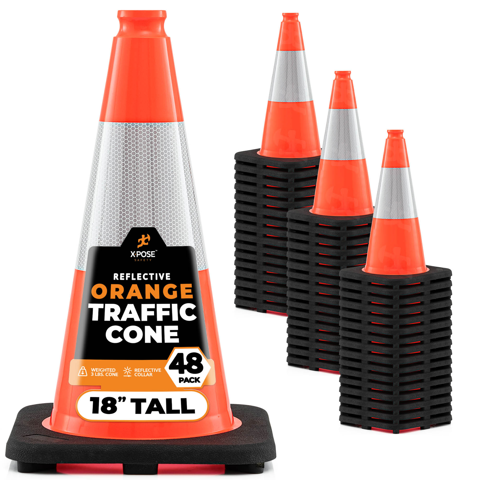 48 Orange Traffic Cones 18 Inch with 6" Collar, PVC Plastic Safety Cone