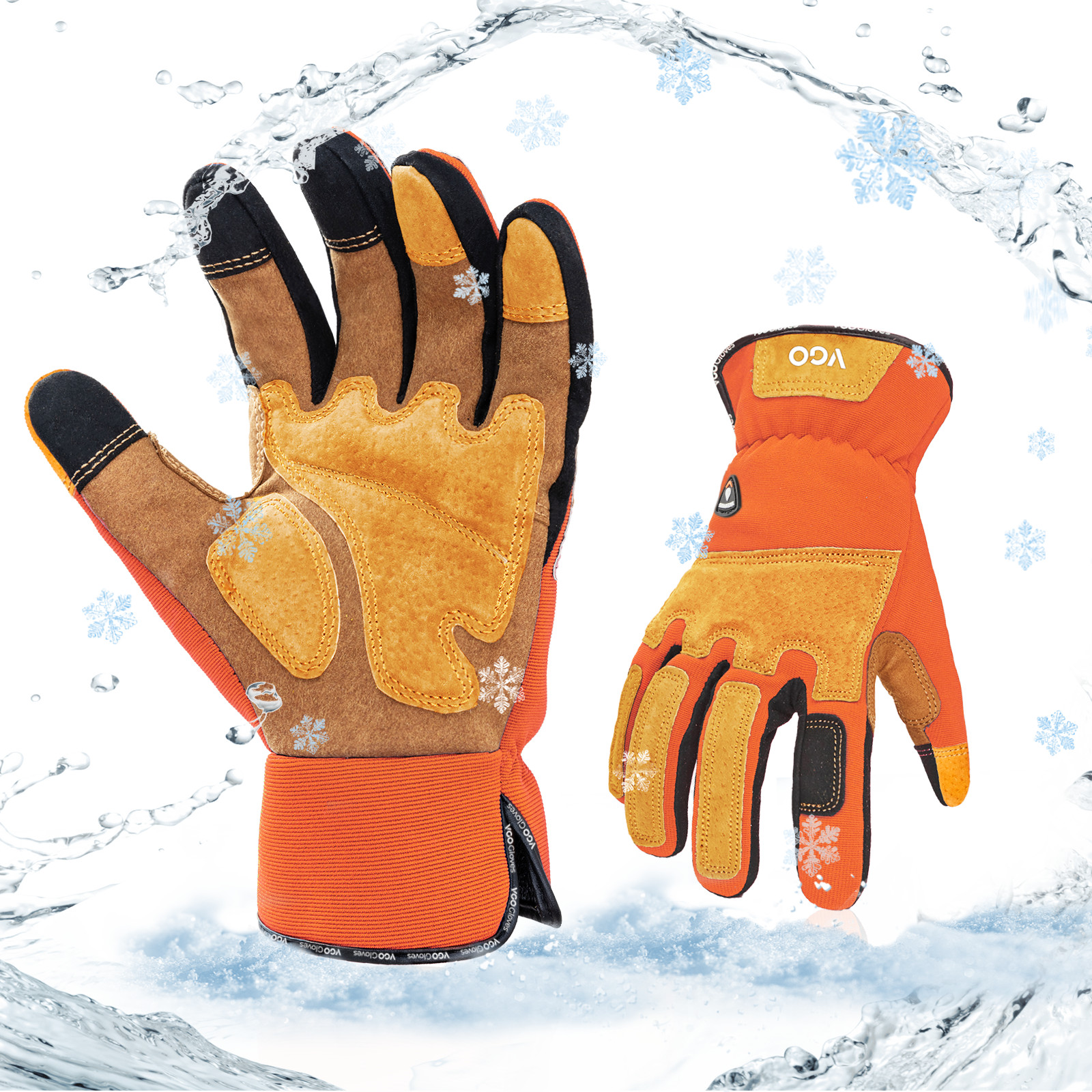 Vgo 1Pair 32°F Lined Touchscreen Waterproof Winter Work Gloves (SL7475FLWP-ORA)