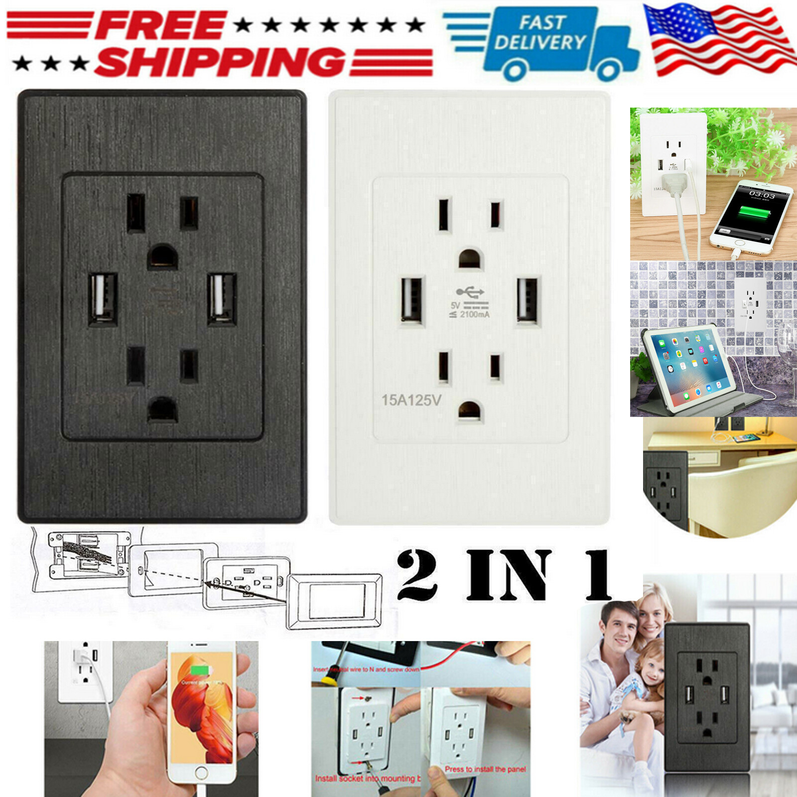 1/ 2 Pack Dual Port USB Wall Wall Socket Dual 2.1A US Standard Flameproof Socket