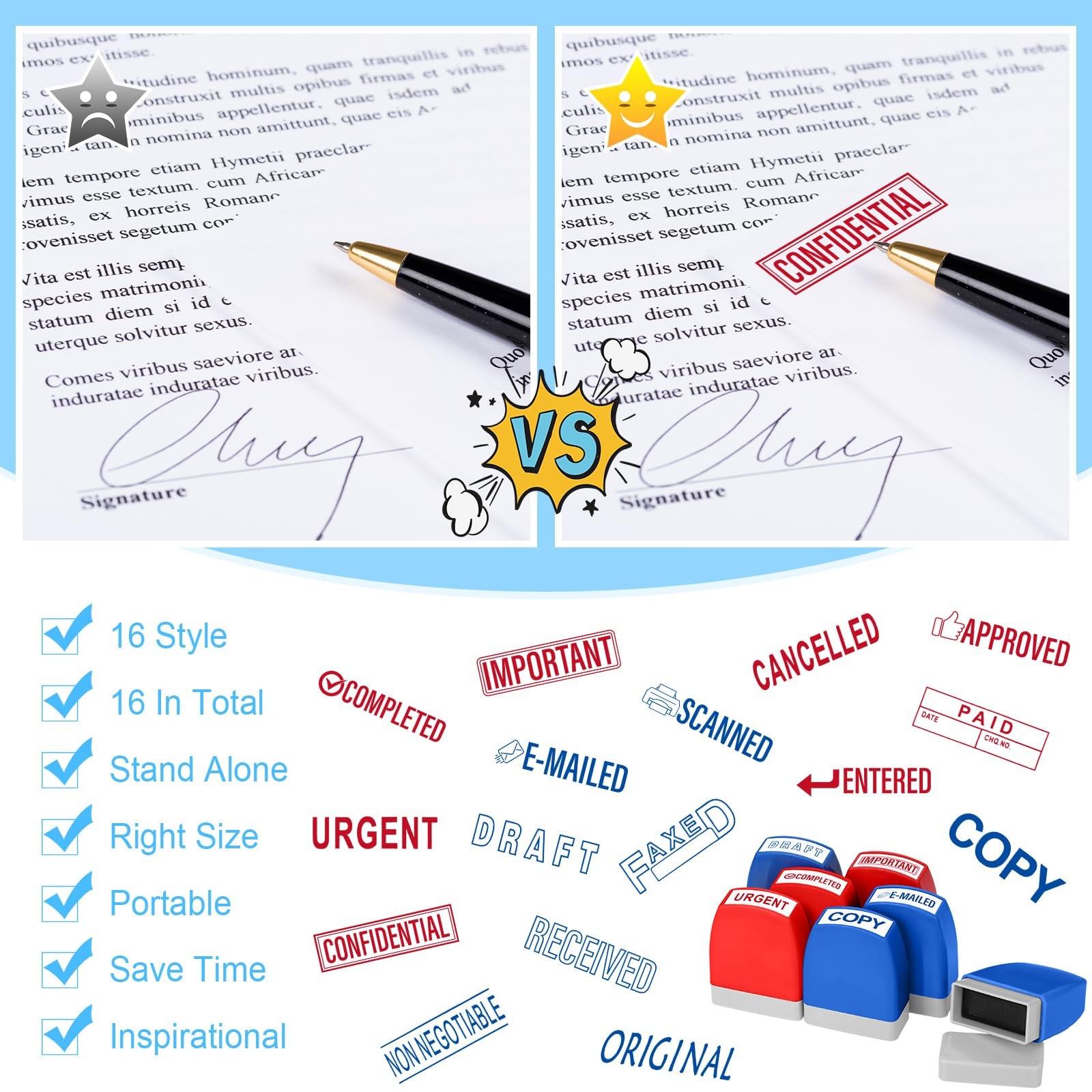 16 Pcs Office Stamp Set Message Inking Stamp Set for Office Stamps Completed ...