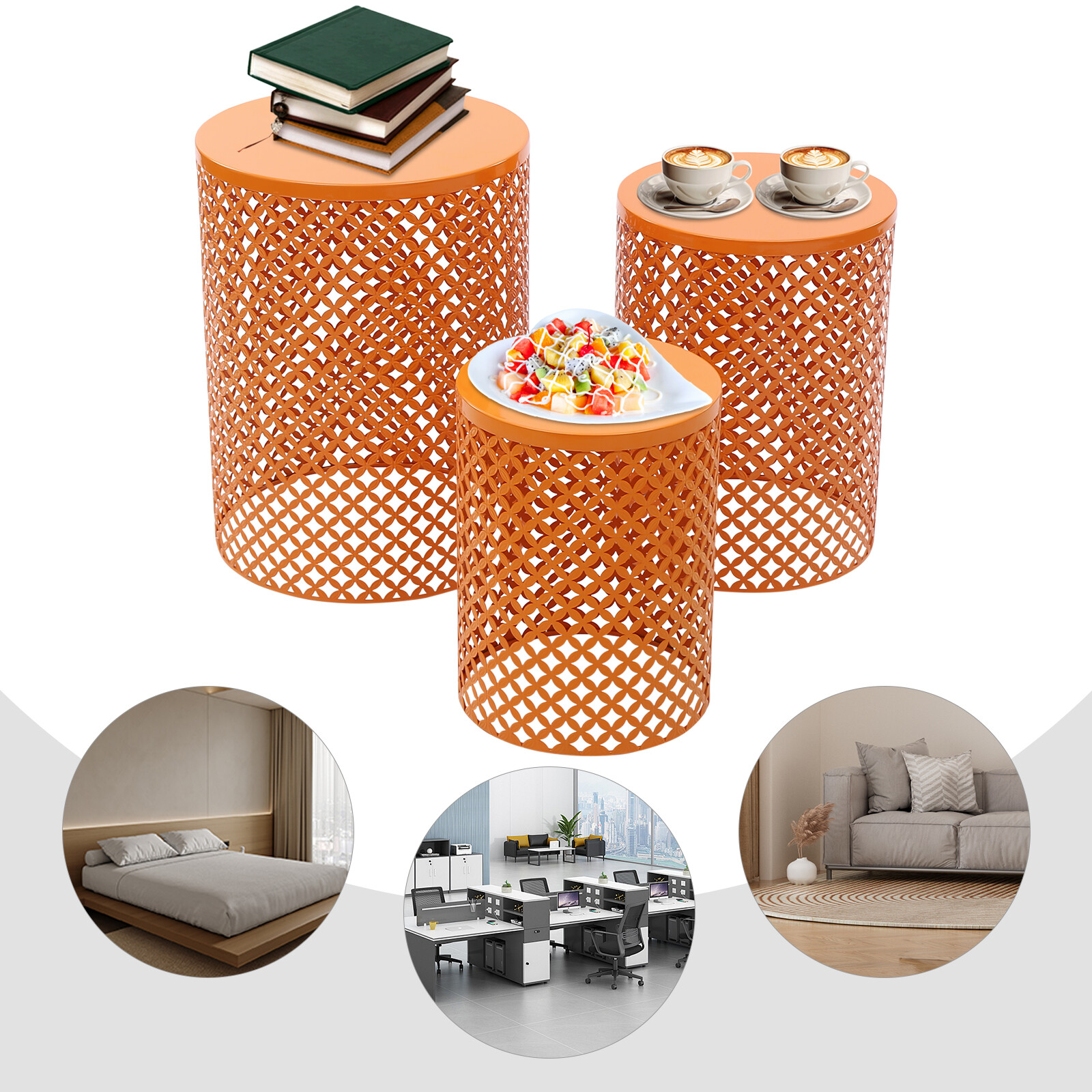 3Pcs Metal Frame Accent End Tables Cylindrical Iron Frame Side Tables Set Orange