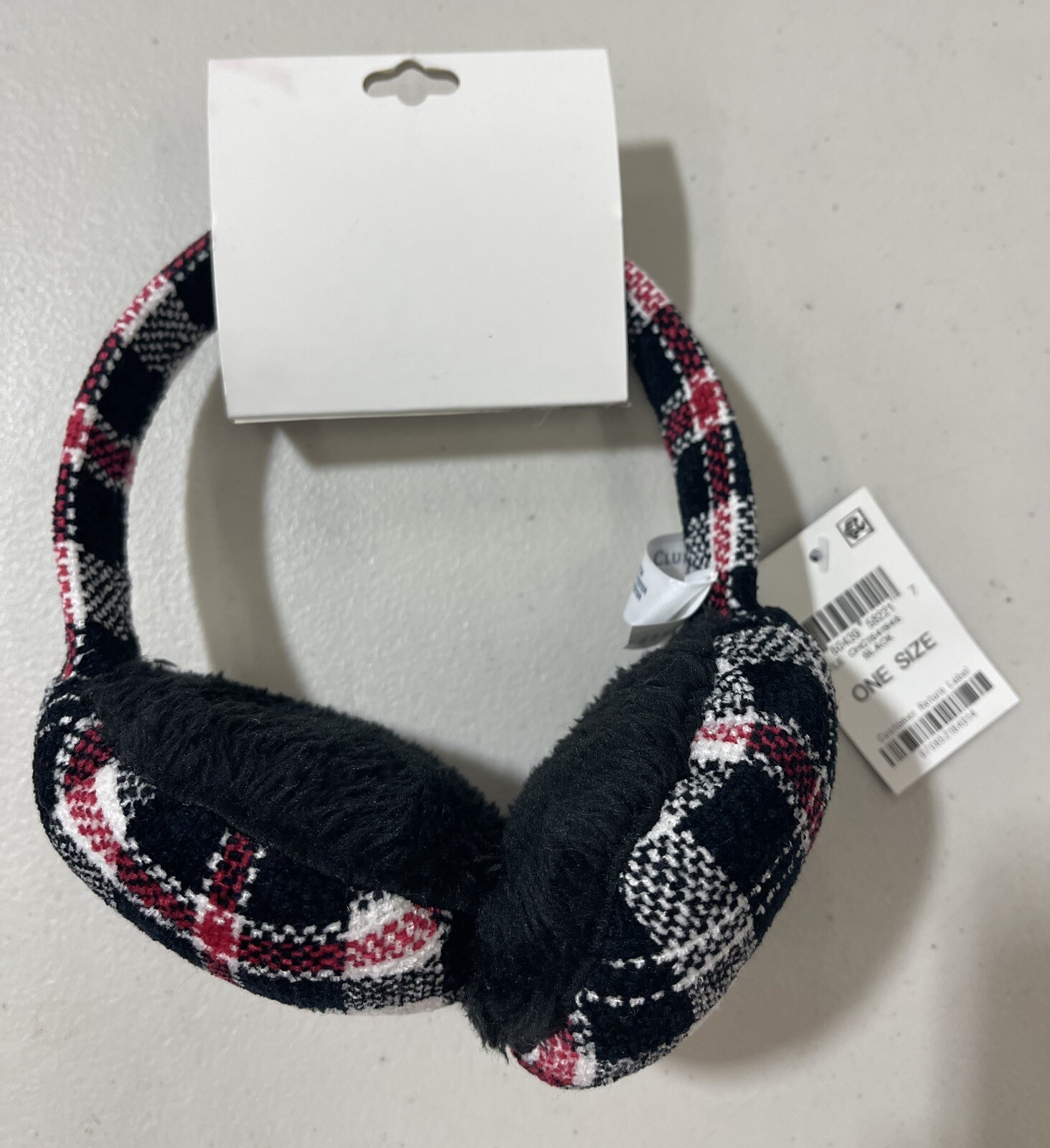 Plaid Earmuffs Headwear Chenille Womens Black, White & Red One Size