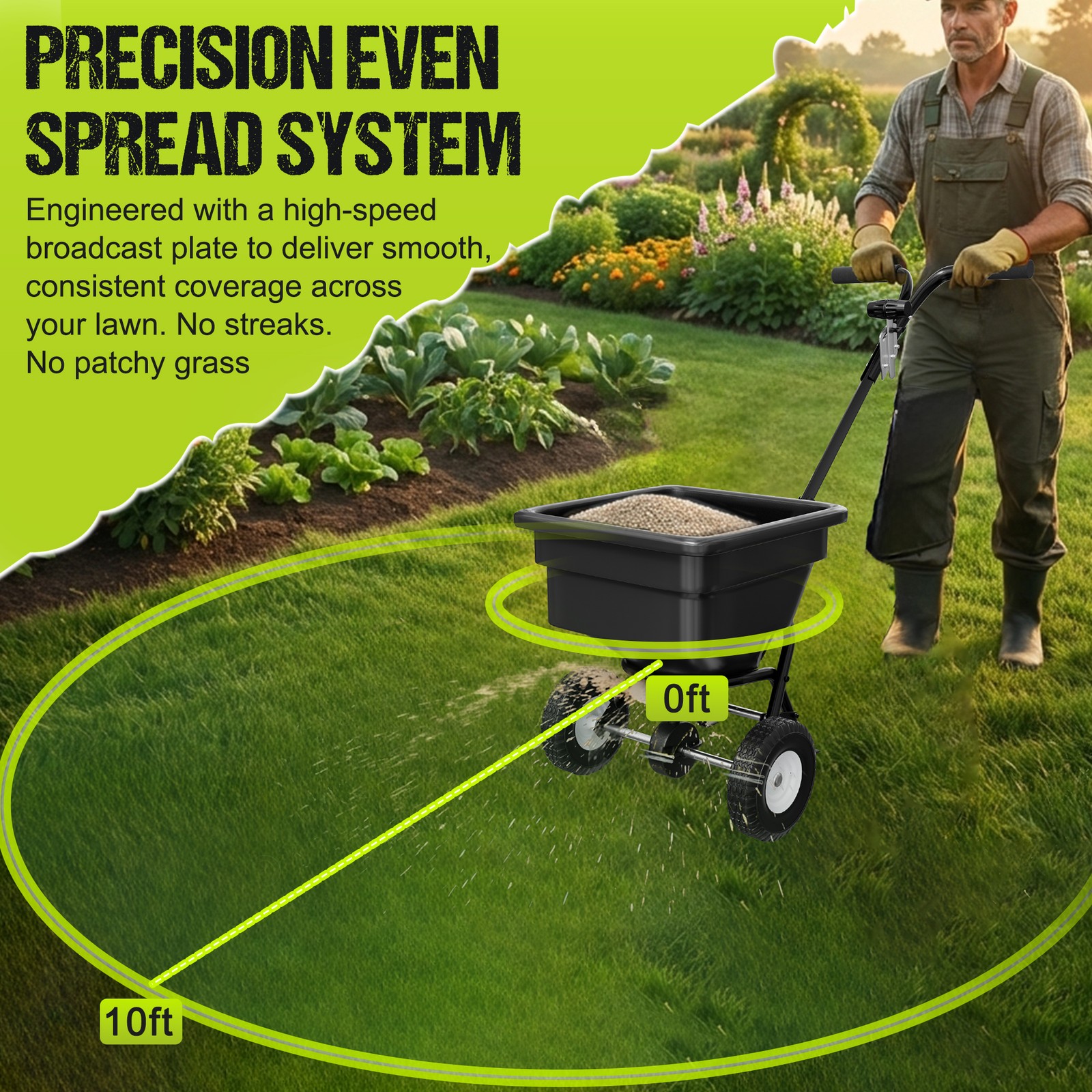 100LB Walk Behind Push Broadcast Spreader Capacity 0-9.10ft Spreading Width USA