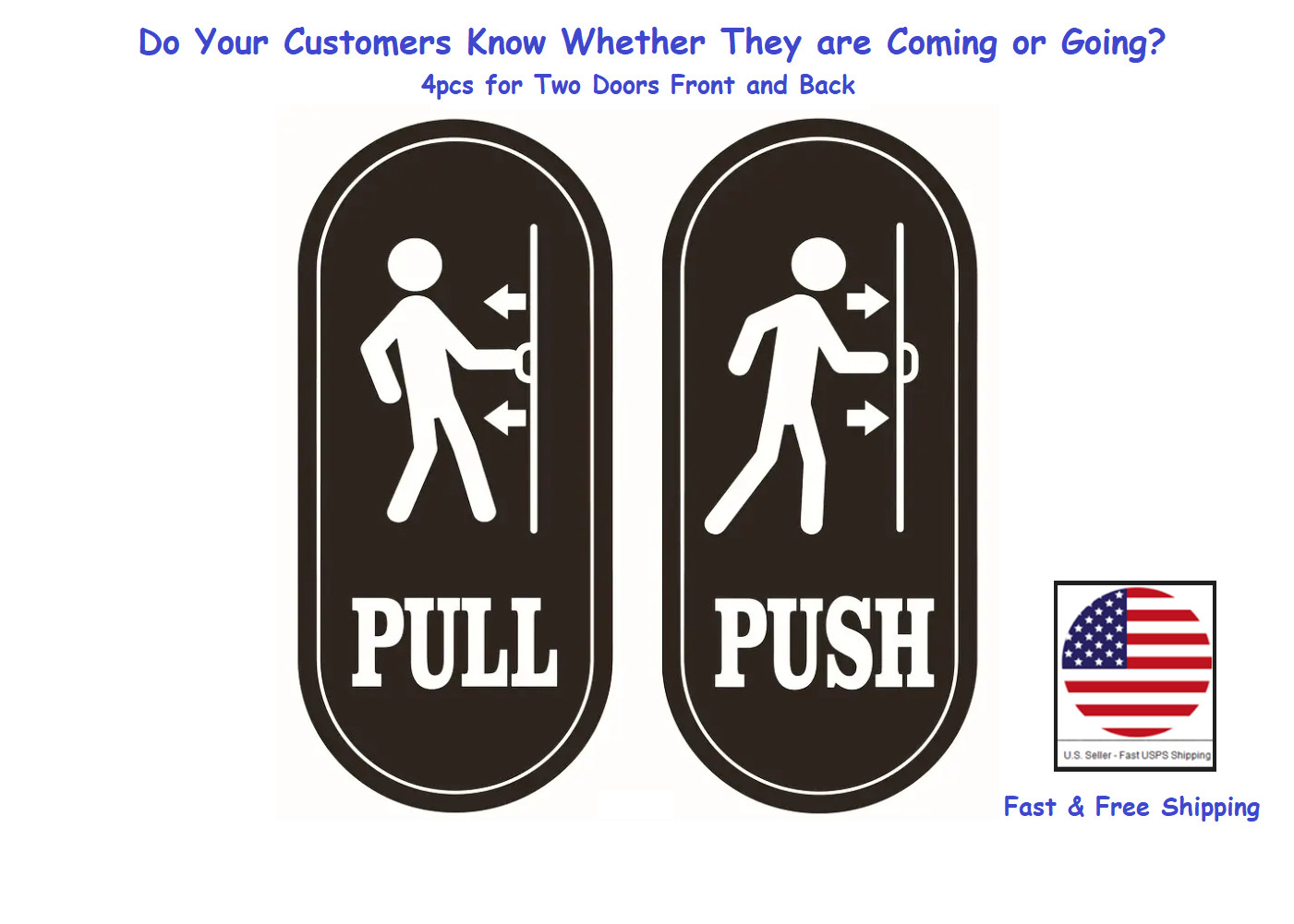 Push Pull Graphic Door Sign (Black)- 4 Signs / 2 Doors- FREE Shipping! 5" x 2.3"