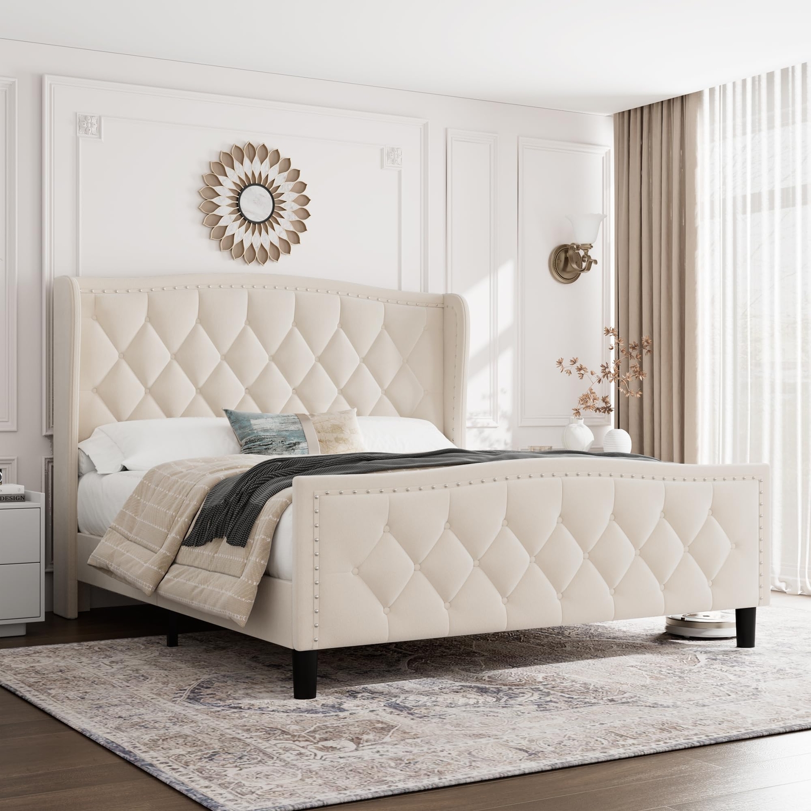 Full/Queen Size Bed Frame Headboard Velvet Upholstered Platform Bed Frame White