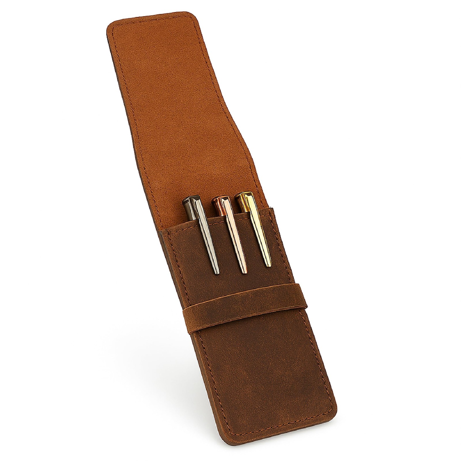Leather Pen Holder, Genuine 3 Pen Case with Tuck-in Flap, Brown Leather Case ...